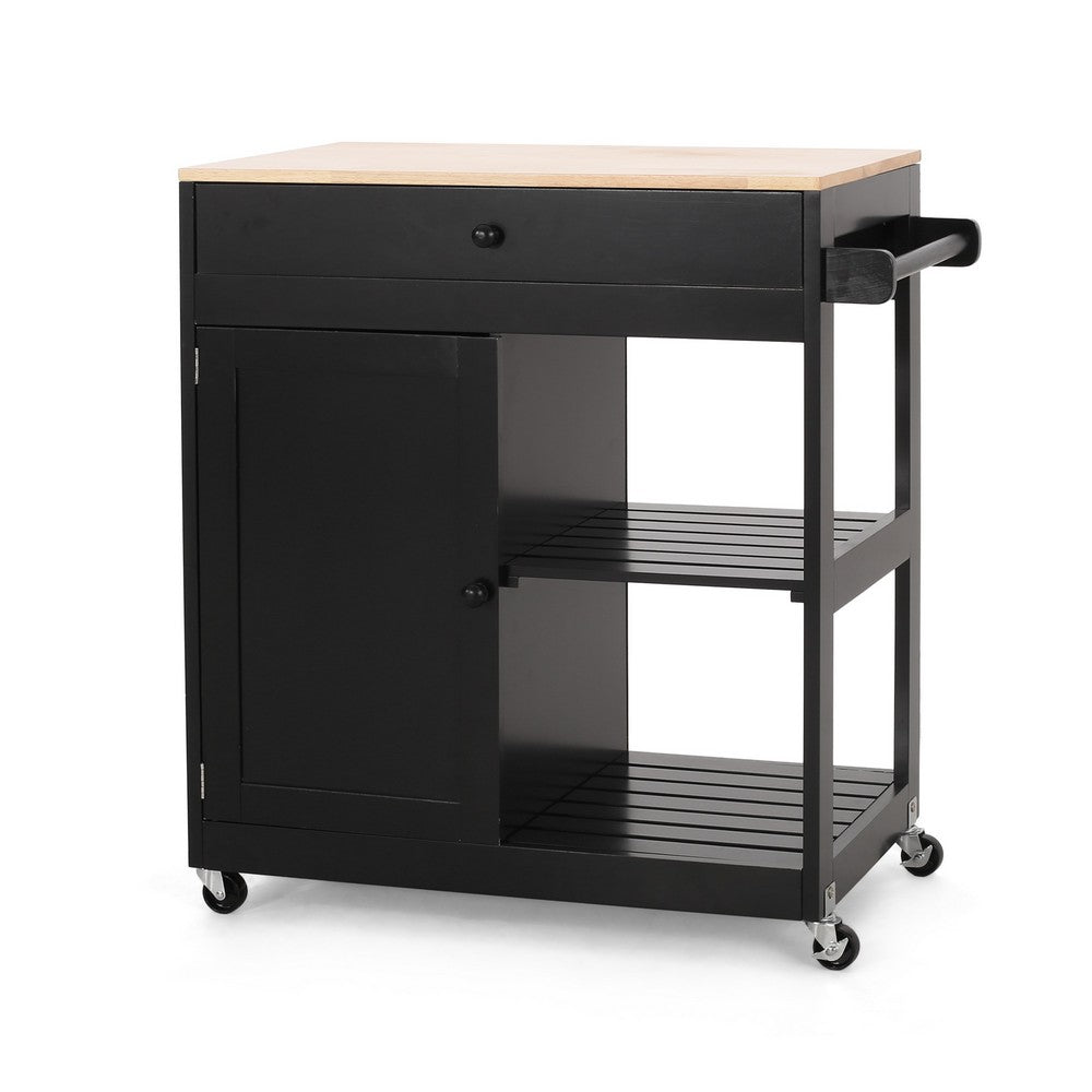 Kitchen Bar Cart with Storage and Towel Holder, 35 Inch Black Wood - BM326896