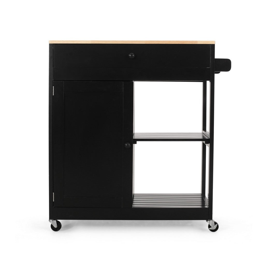Kitchen Bar Cart with Storage and Towel Holder, 35 Inch Black Wood - BM326896