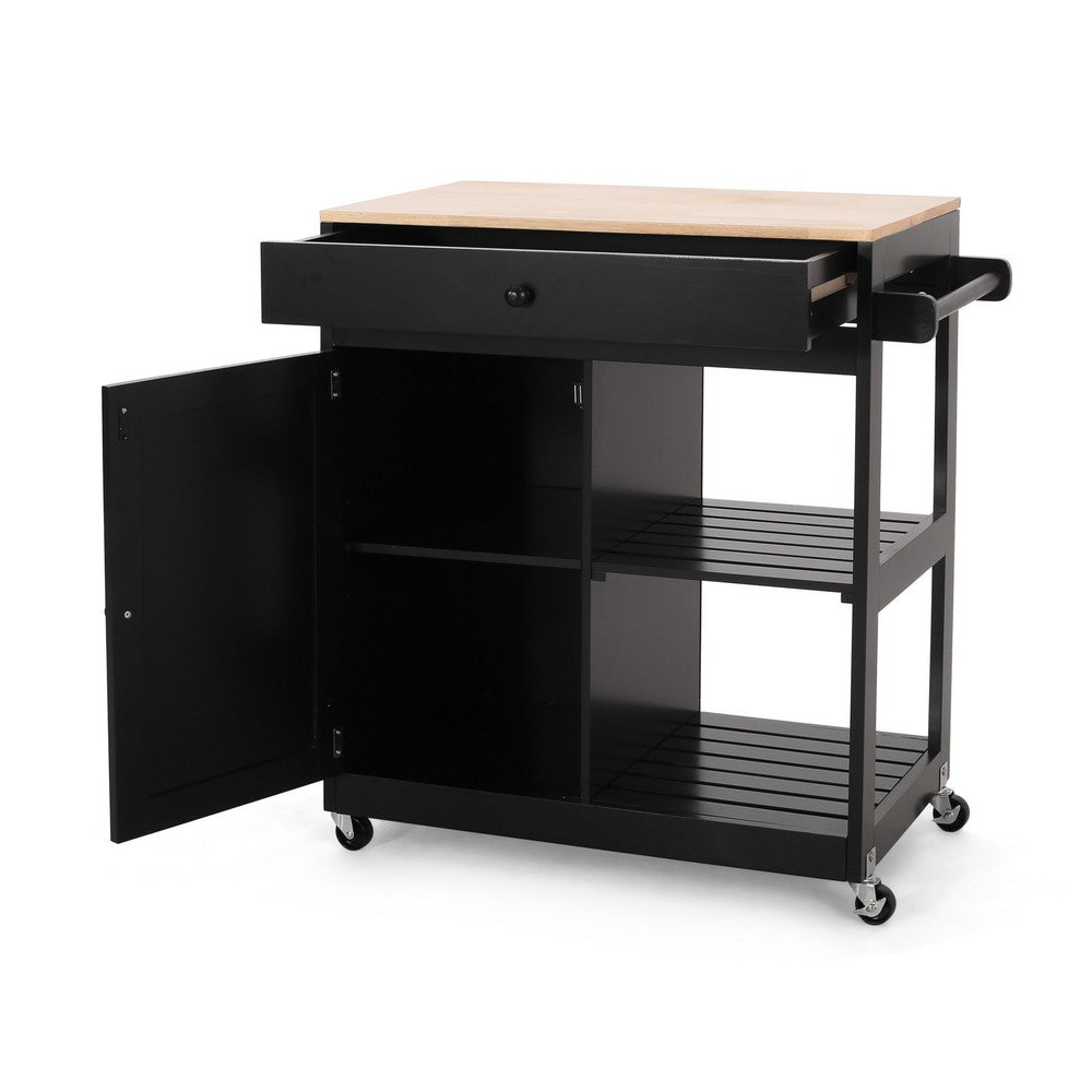 Kitchen Bar Cart with Storage and Towel Holder, 35 Inch Black Wood - BM326896
