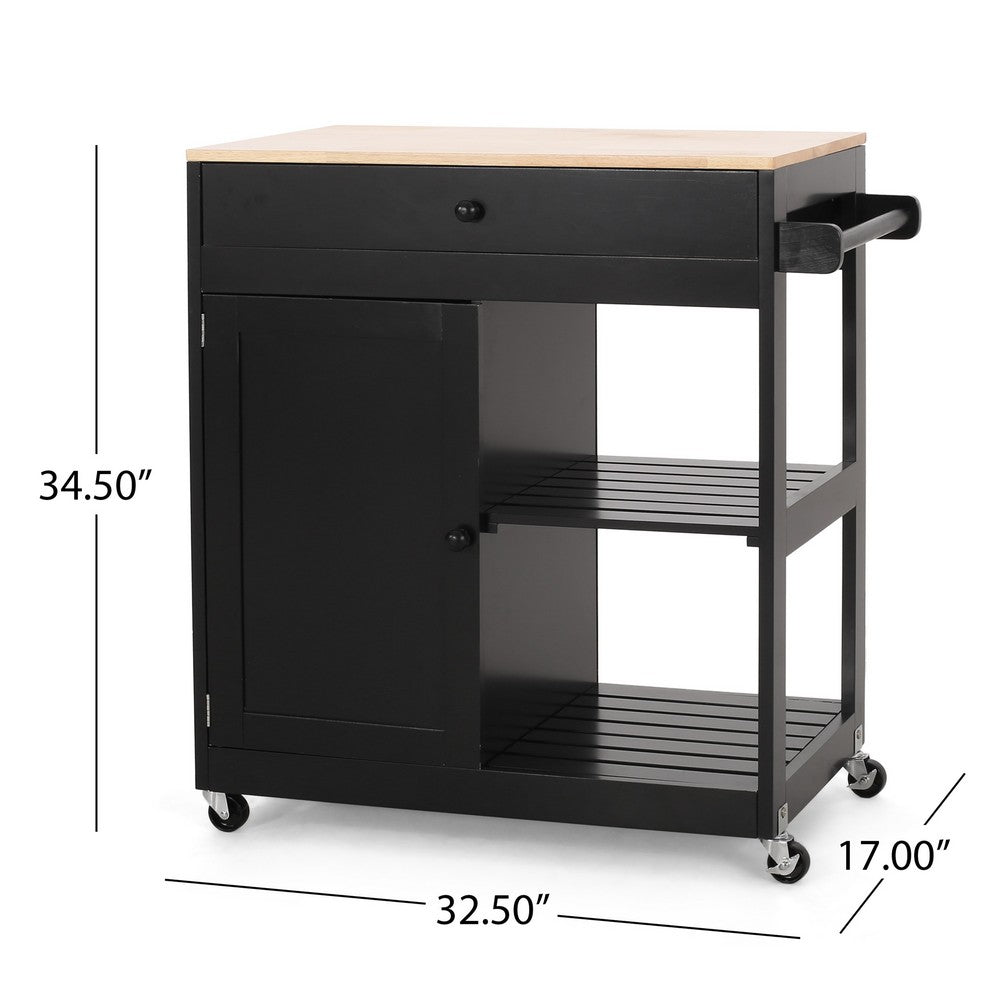 Kitchen Bar Cart with Storage and Towel Holder, 35 Inch Black Wood - BM326896