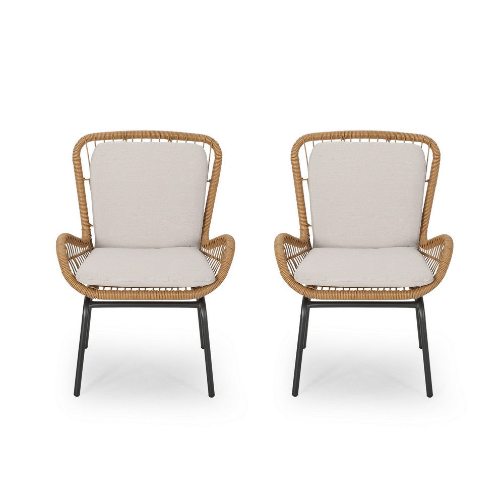 Outdoor Accent Chair Set of 2, White Fabric, Brown Faux Rattan, Black - BM326897