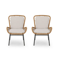 Outdoor Accent Chair Set of 2, White Fabric, Brown Faux Rattan, Black - BM326897