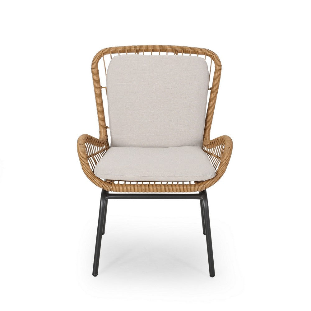 Outdoor Accent Chair Set of 2, White Fabric, Brown Faux Rattan, Black - BM326897
