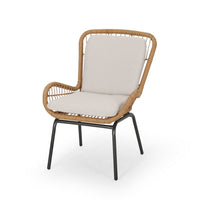 Outdoor Accent Chair Set of 2, White Fabric, Brown Faux Rattan, Black - BM326897