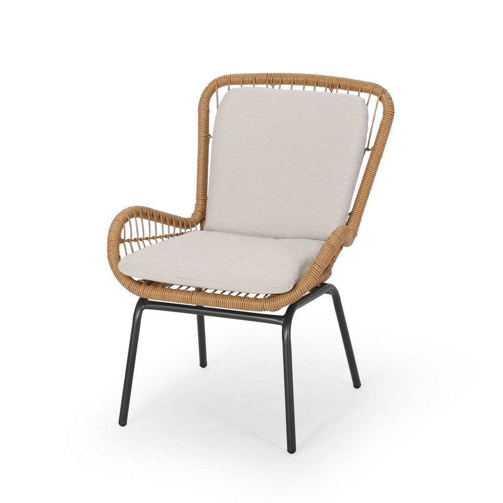 Outdoor Accent Chair Set of 2, White Fabric, Brown Faux Rattan, Black - BM326897