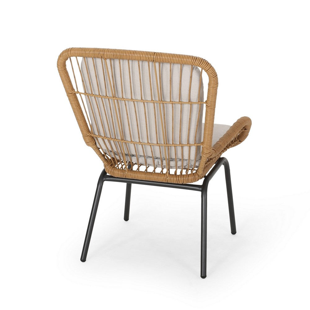 Outdoor Accent Chair Set of 2, White Fabric, Brown Faux Rattan, Black - BM326897