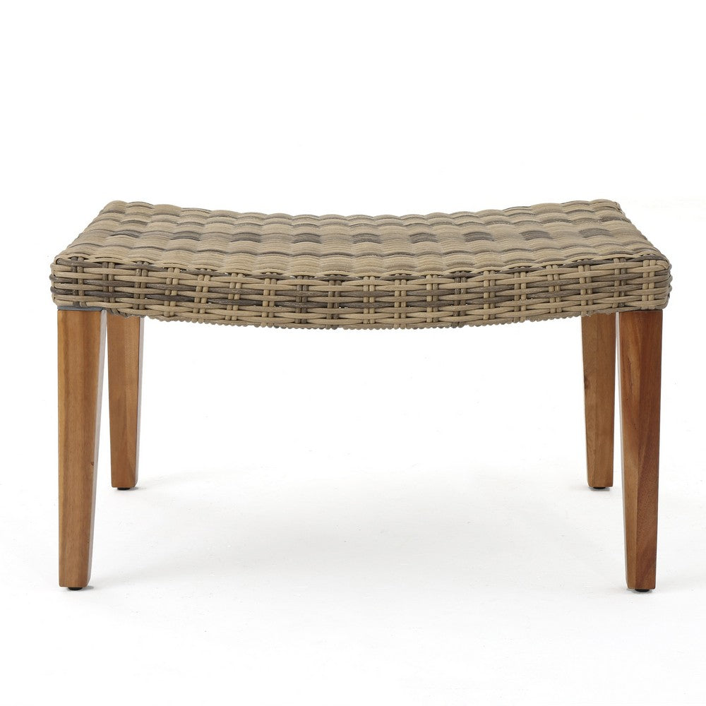 Bops Outdoor Ottoman, Gray Faux Rattan Wicker, Brown Acacia Wood - BM326898