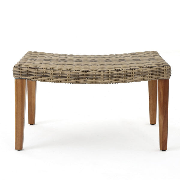 Bops Outdoor Ottoman, Gray Faux Rattan Wicker, Brown Acacia Wood - BM326898