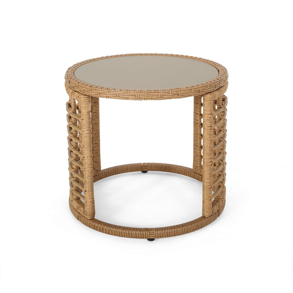 Round Side Table, 18 Inch Tempered Glass Top, Steel, Brown Faux Rattan - BM326906