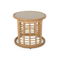 Round Side Table, 18 Inch Tempered Glass Top, Steel, Brown Faux Rattan - BM326906