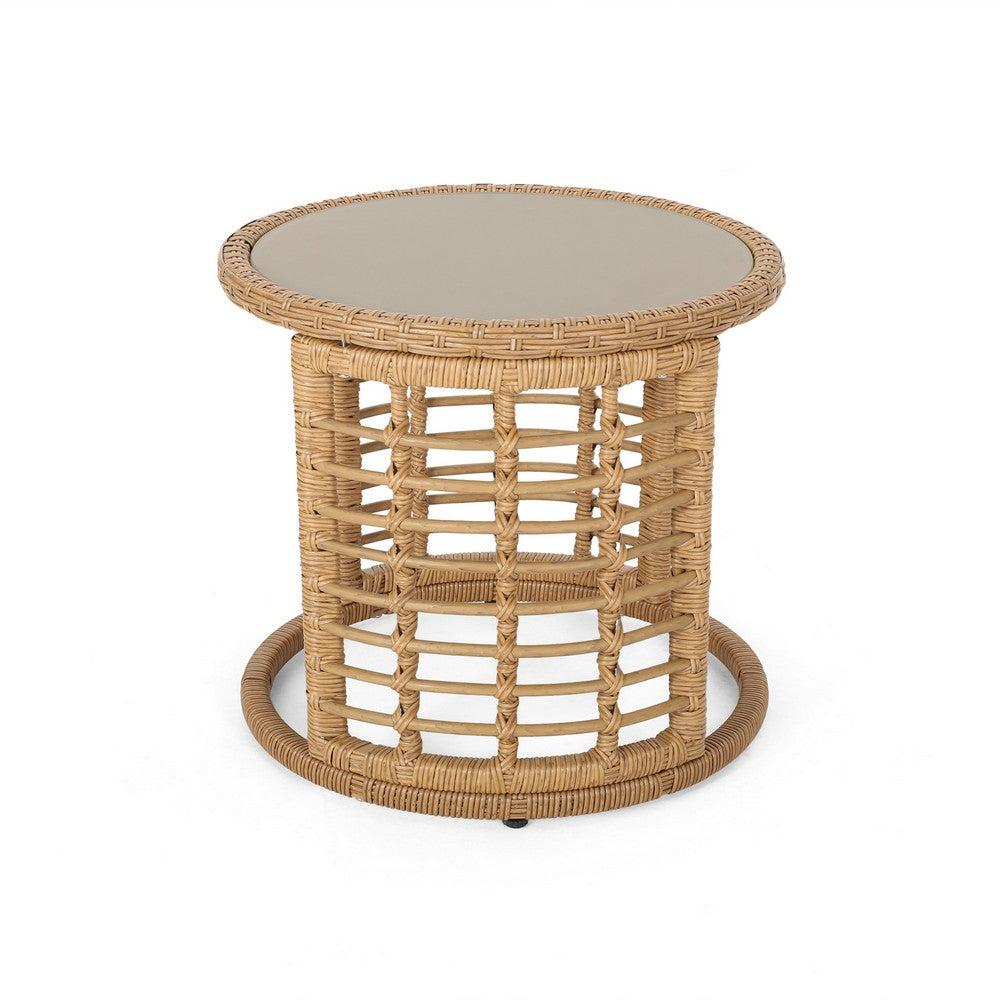 Round Side Table, 18 Inch Tempered Glass Top, Steel, Brown Faux Rattan - BM326906
