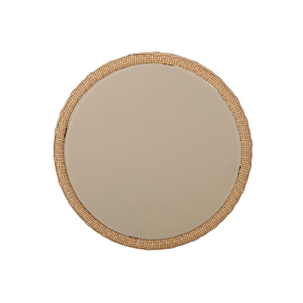 Round Side Table, 18 Inch Tempered Glass Top, Steel, Brown Faux Rattan - BM326906