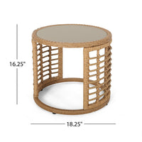 Round Side Table, 18 Inch Tempered Glass Top, Steel, Brown Faux Rattan - BM326906