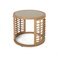 Round Side Table, 18 Inch Tempered Glass Top, Steel, Brown Faux Rattan - BM326906