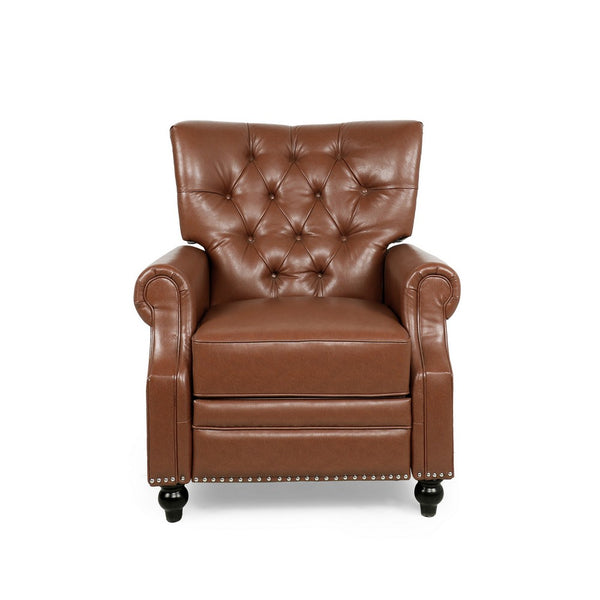 Recliner Chair, Turned Legs, Light Brown Button Tufted Faux Leather - BM326912
