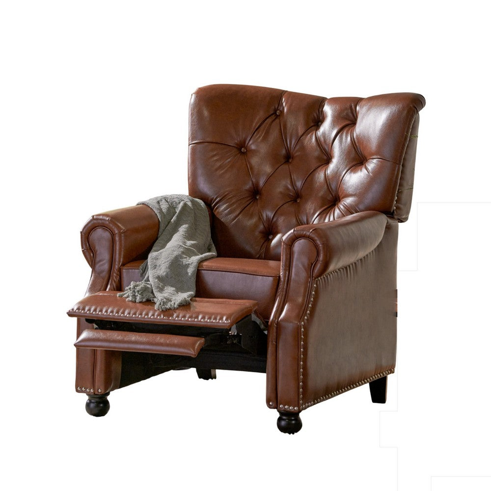 Recliner Chair, Turned Legs, Light Brown Button Tufted Faux Leather - BM326912