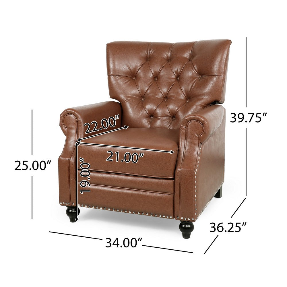 Recliner Chair, Turned Legs, Light Brown Button Tufted Faux Leather - BM326912