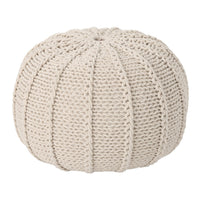 Round Knitted Pouf Ottoman, Handwoven Details, 20 Inch Beige Cotton - BM326917
