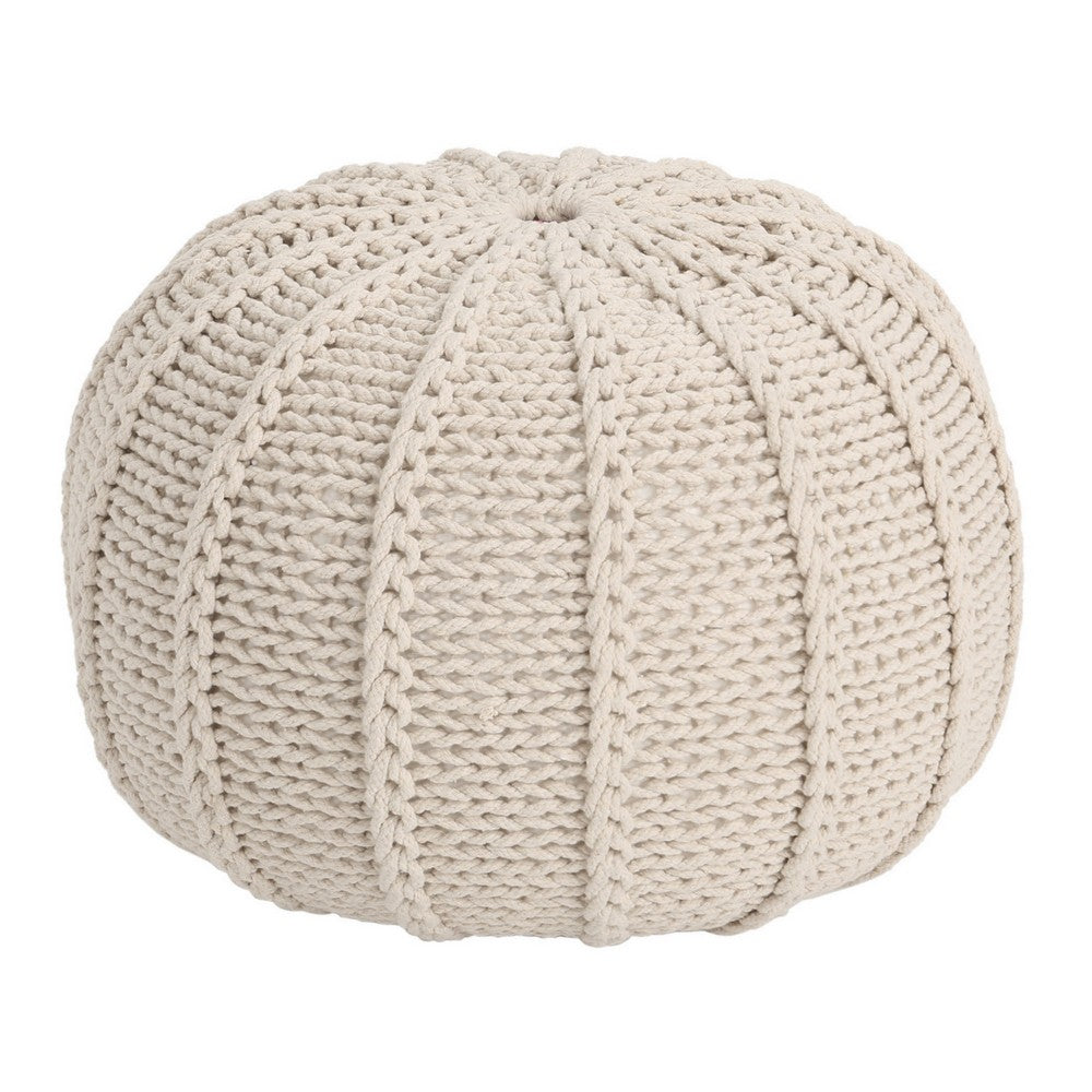 Round Knitted Pouf Ottoman, Handwoven Details, 20 Inch Beige Cotton - BM326917