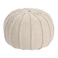 Round Knitted Pouf Ottoman, Handwoven Details, 20 Inch Beige Cotton - BM326917