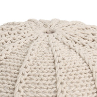 Round Knitted Pouf Ottoman, Handwoven Details, 20 Inch Beige Cotton - BM326917