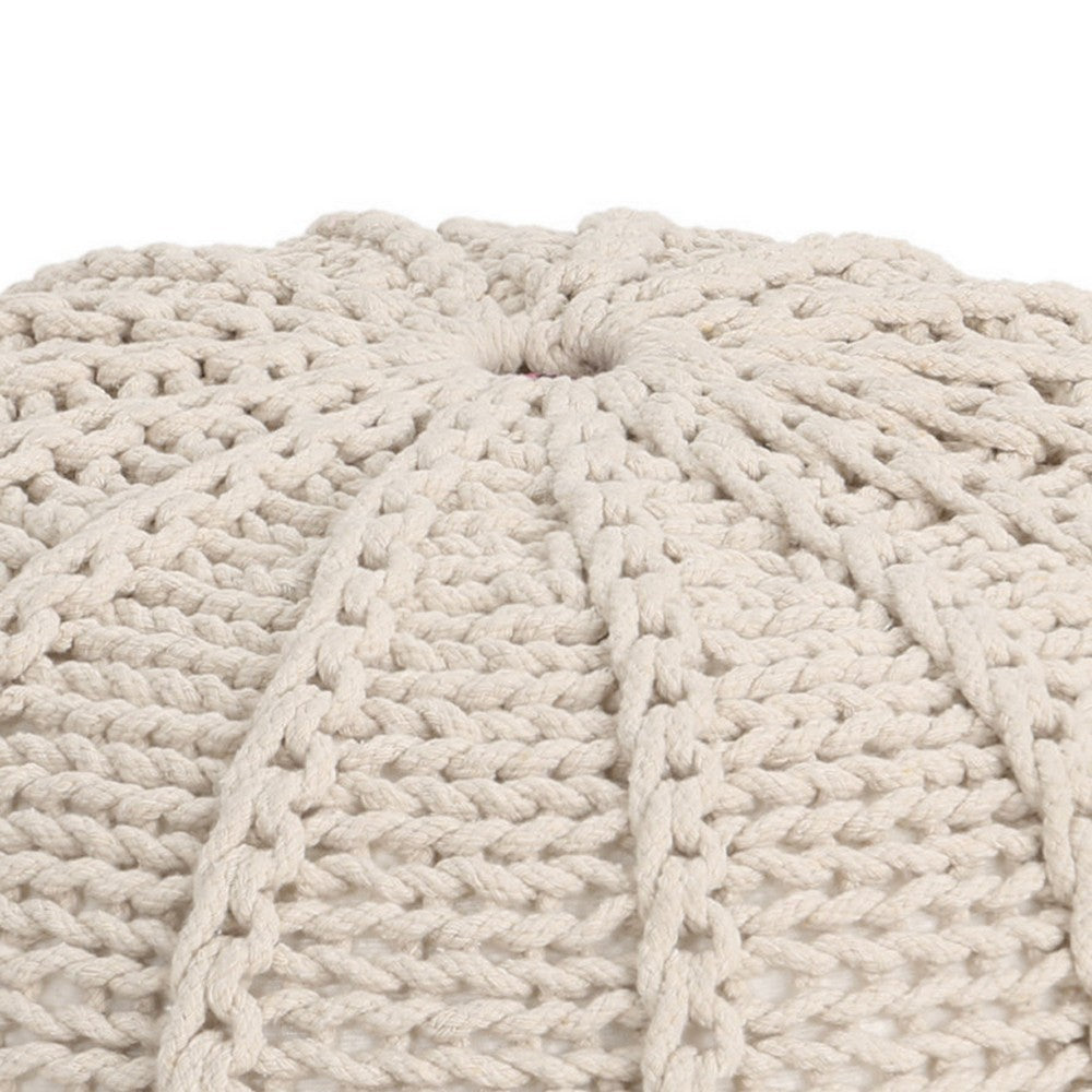 Round Knitted Pouf Ottoman, Handwoven Details, 20 Inch Beige Cotton - BM326917