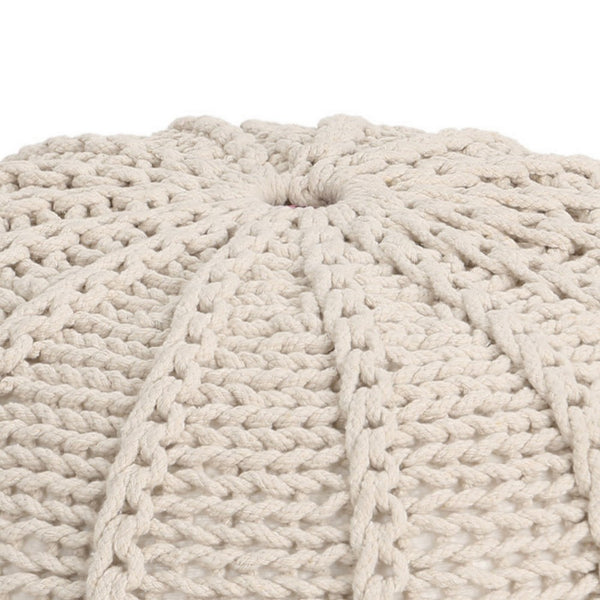 Round Knitted Pouf Ottoman, Handwoven Details, 20 Inch Beige Cotton - BM326917