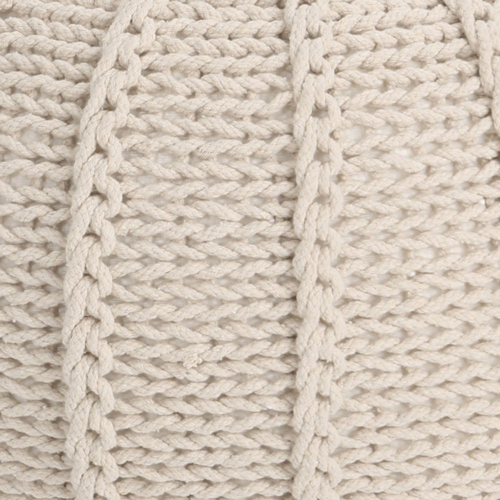 Round Knitted Pouf Ottoman, Handwoven Details, 20 Inch Beige Cotton - BM326917