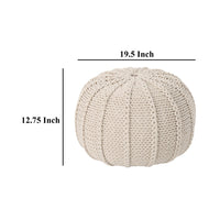 Round Knitted Pouf Ottoman, Handwoven Details, 20 Inch Beige Cotton - BM326917