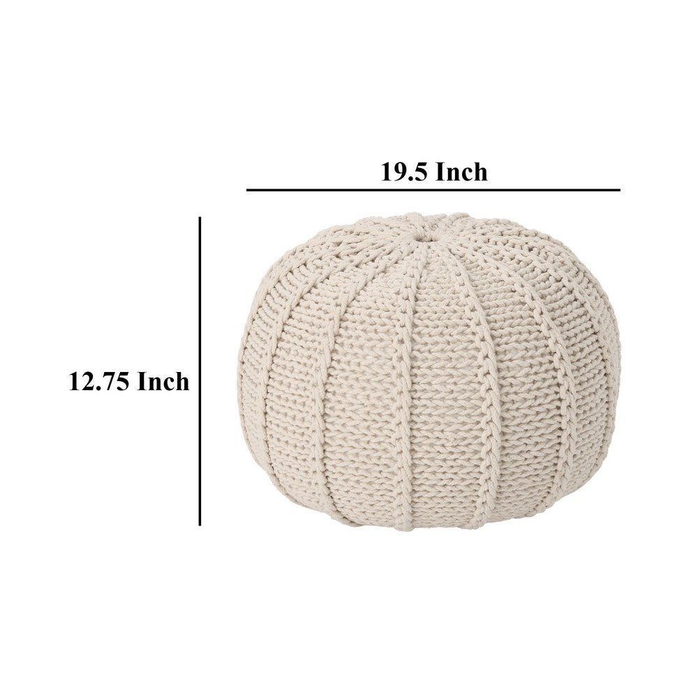 Round Knitted Pouf Ottoman, Handwoven Details, 20 Inch Beige Cotton - BM326917