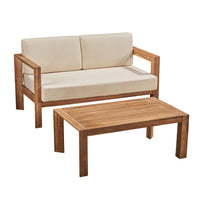 Outdoor Loveseat and Coffee Table Set, Beige Fabric, Brown Acacia Wood - BM326918