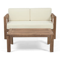 Outdoor Loveseat and Coffee Table Set, Beige Fabric, Brown Acacia Wood - BM326918