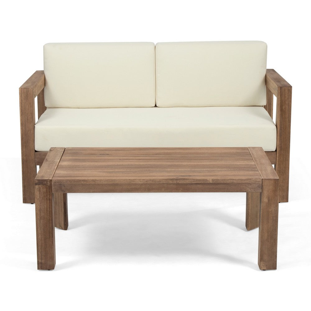 Outdoor Loveseat and Coffee Table Set, Beige Fabric, Brown Acacia Wood - BM326918