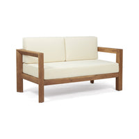 Outdoor Loveseat and Coffee Table Set, Beige Fabric, Brown Acacia Wood - BM326918