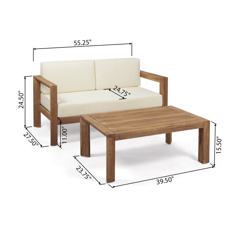 Outdoor Loveseat and Coffee Table Set, Beige Fabric, Brown Acacia Wood - BM326918