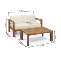 Outdoor Loveseat and Coffee Table Set, Beige Fabric, Brown Acacia Wood - BM326918