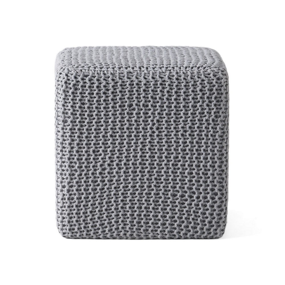Square Knitted Footstool Ottoman, Handwoven Design 17 Inch Gray Cotton - BM326920