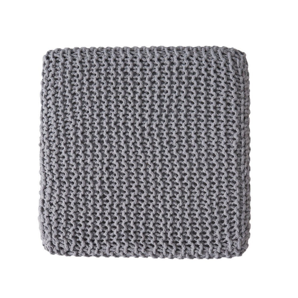 Square Knitted Footstool Ottoman, Handwoven Design 17 Inch Gray Cotton - BM326920