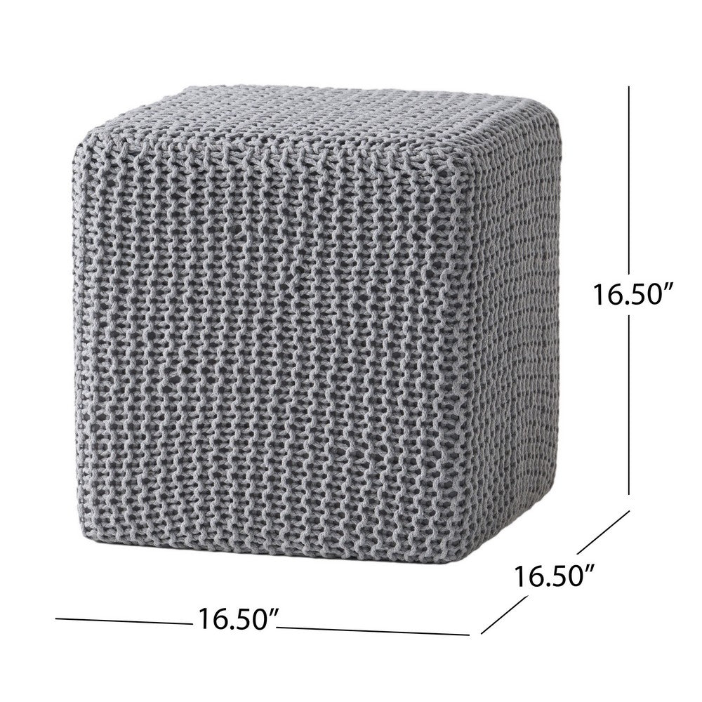 Square Knitted Footstool Ottoman, Handwoven Design 17 Inch Gray Cotton - BM326920