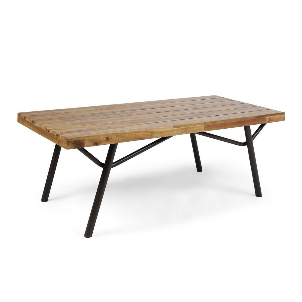 Patio Coffee Table, Slatted Top, Brown Iron, 50 Inch Teak Brown Acacia - BM326924