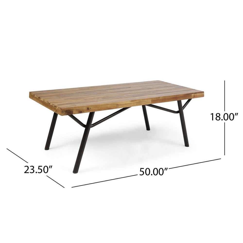Patio Coffee Table, Slatted Top, Brown Iron, 50 Inch Teak Brown Acacia - BM326924