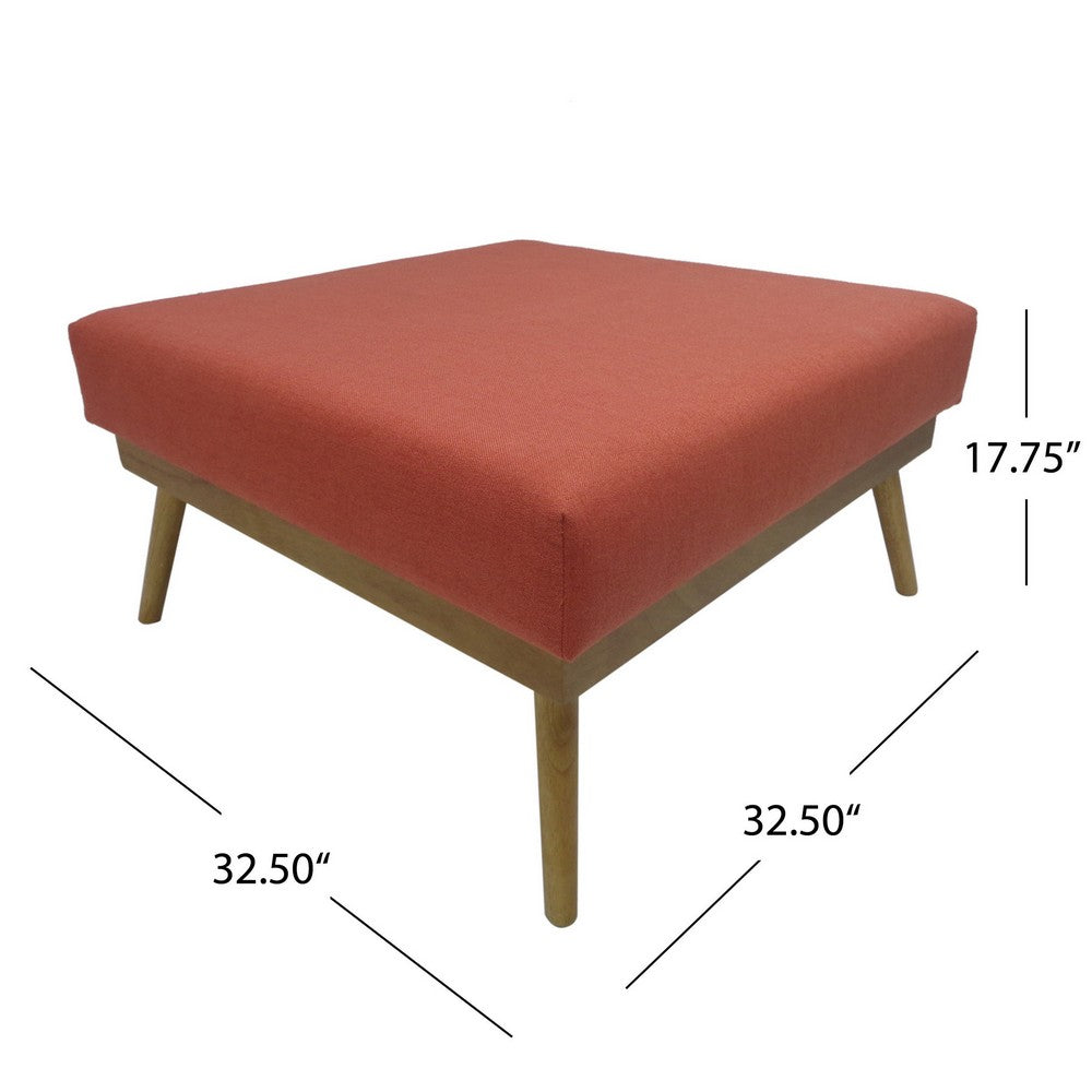 Square Ottoman with Splayed Rubberwood Legs, 33 Inch Coral Polyester - BM326925