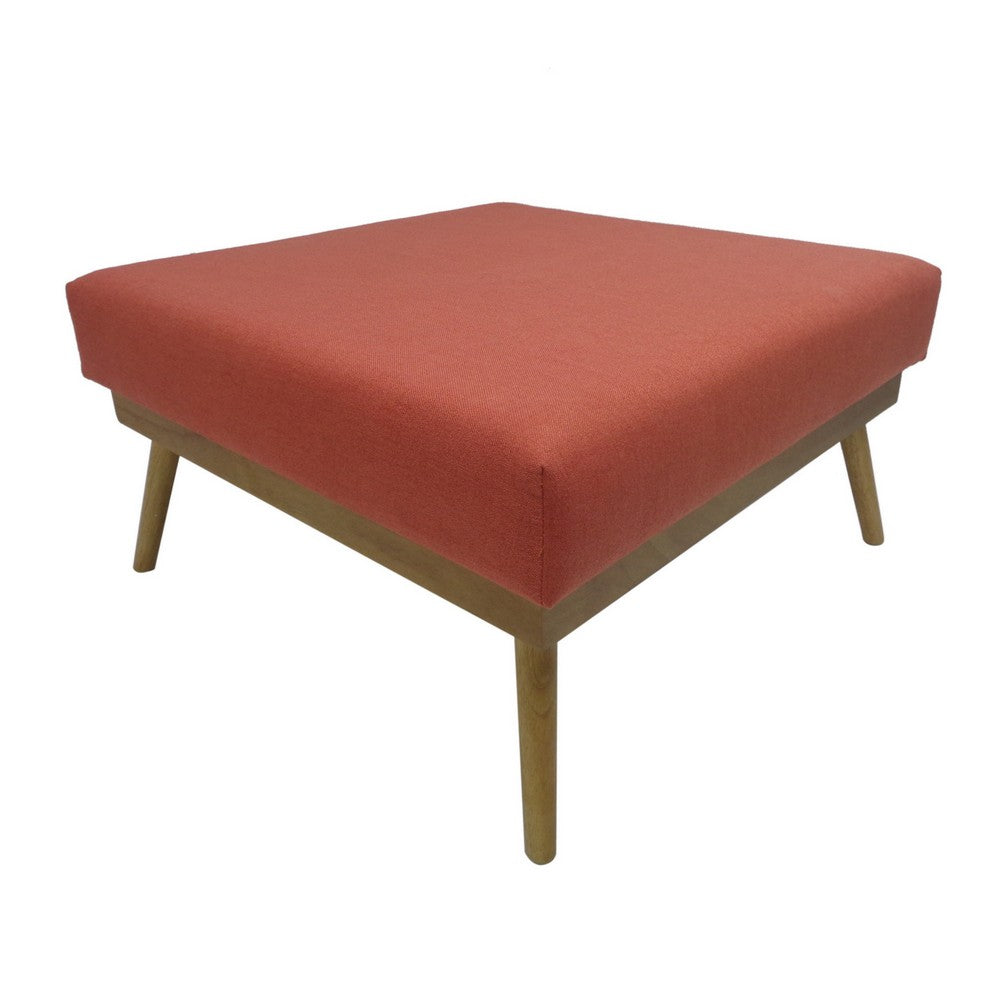 Square Ottoman with Splayed Rubberwood Legs, 33 Inch Coral Polyester - BM326925