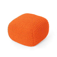 Alen Knitted Pouf with Handwoven Cube Details, 21 Inch Orange Cotton - BM326927