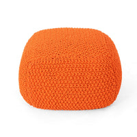 Alen Knitted Pouf with Handwoven Cube Details, 21 Inch Orange Cotton - BM326927