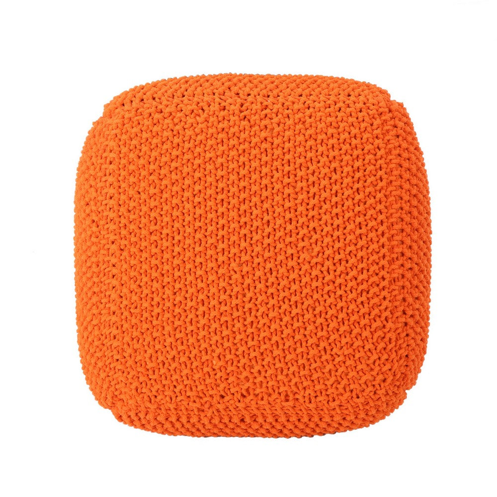 Alen Knitted Pouf with Handwoven Cube Details, 21 Inch Orange Cotton - BM326927