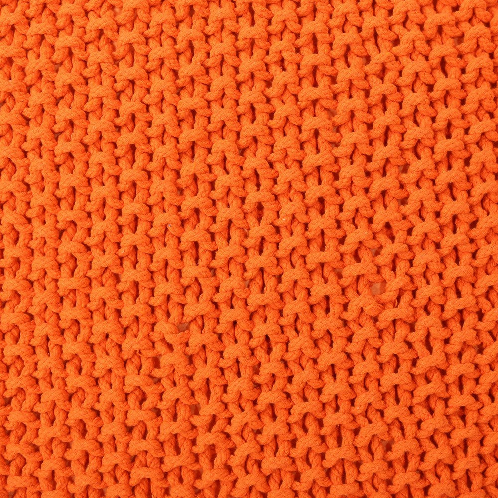 Alen Knitted Pouf with Handwoven Cube Details, 21 Inch Orange Cotton - BM326927