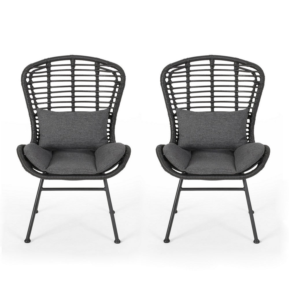 Outdoor Round Accent Chair Set of 2, Gray Faux Rattan, Black Iron - BM326930