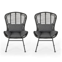 Outdoor Round Accent Chair Set of 2, Gray Faux Rattan, Black Iron - BM326930