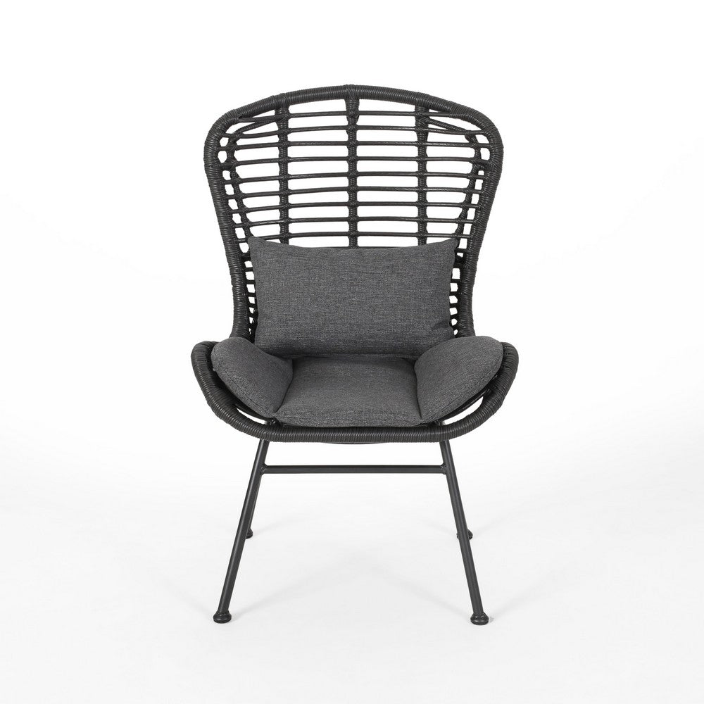 Outdoor Round Accent Chair Set of 2, Gray Faux Rattan, Black Iron - BM326930